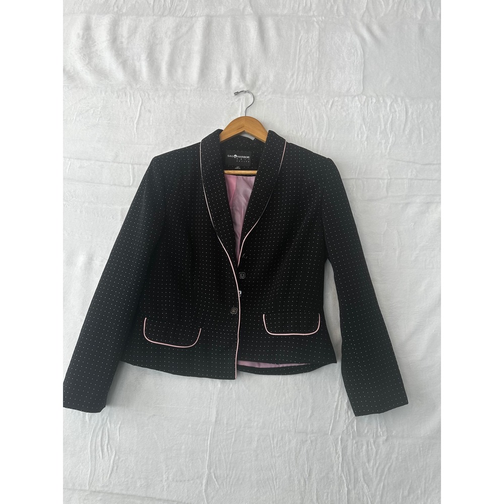Sag Harbor Women's Black Polka Dot Petite Blazer Pink Trim Size 14P